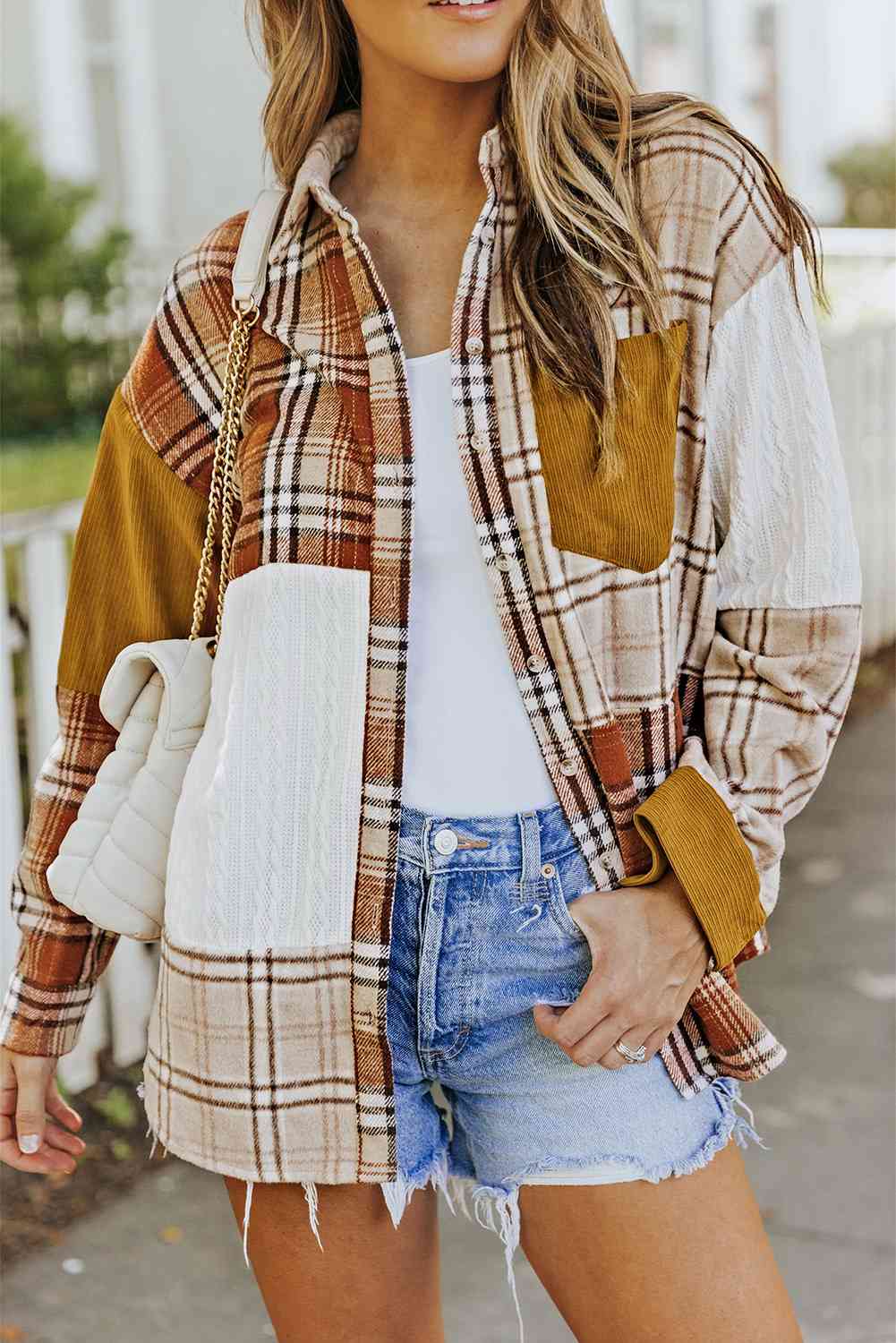 Double Take Plaid Color Block Dropped Shoulder Shacket