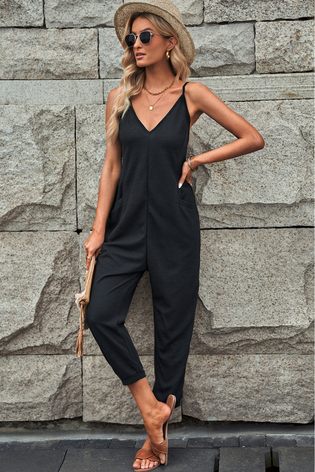 Spaghetti Strap Deep V Jumpsuit with Pockets