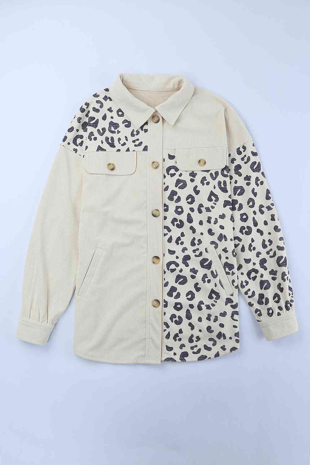 Double Take Leopard Print Pocketed Corduroy Jacket